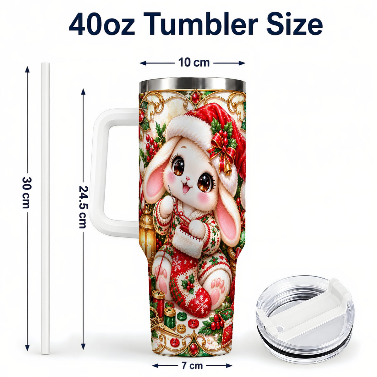 #pl[40oz|White] Christmas Bunny 40oz Tumbler with Handle, Holiday Rabbit Drinkware