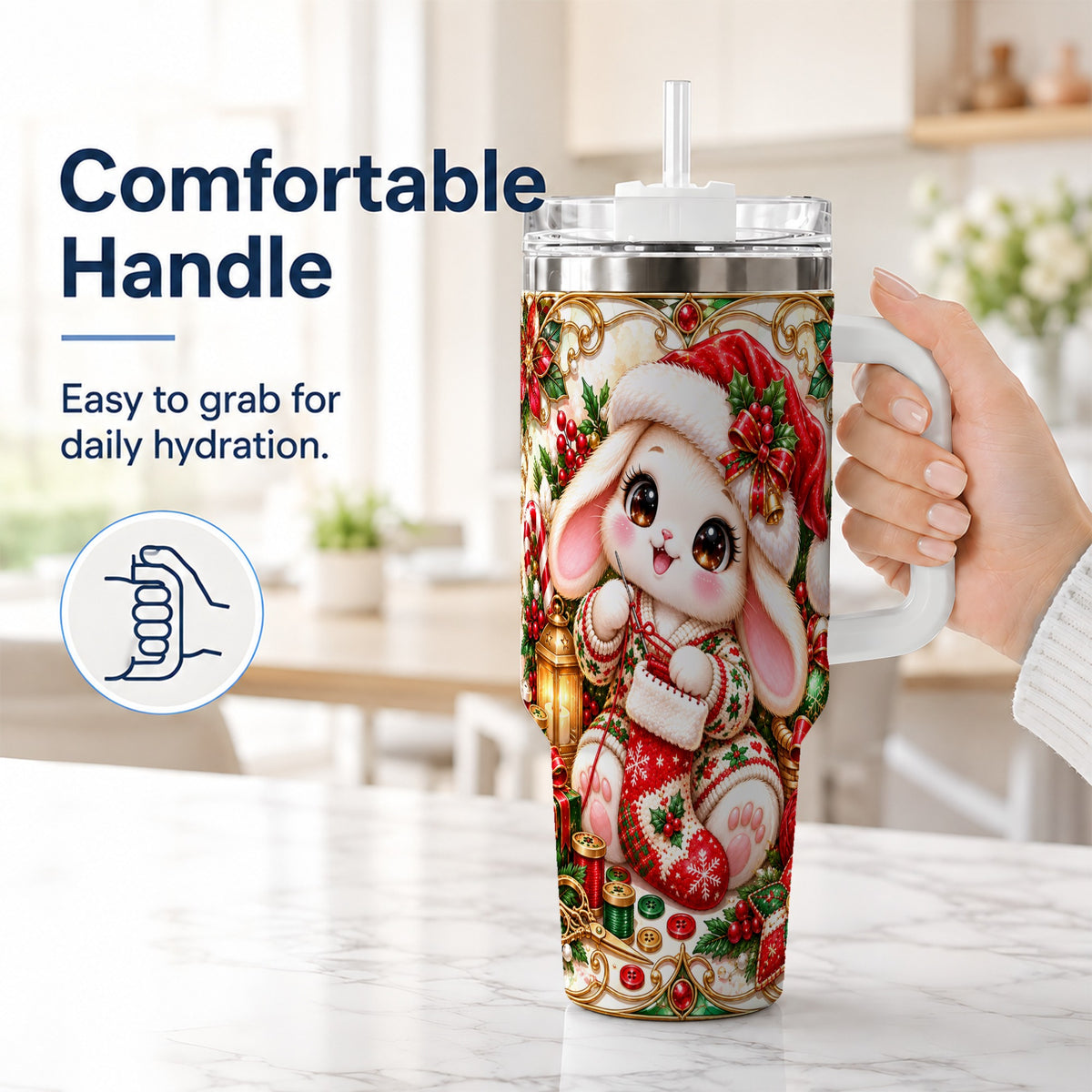 #pl[40oz|White] Christmas Bunny 40oz Tumbler with Handle, Holiday Rabbit Drinkware