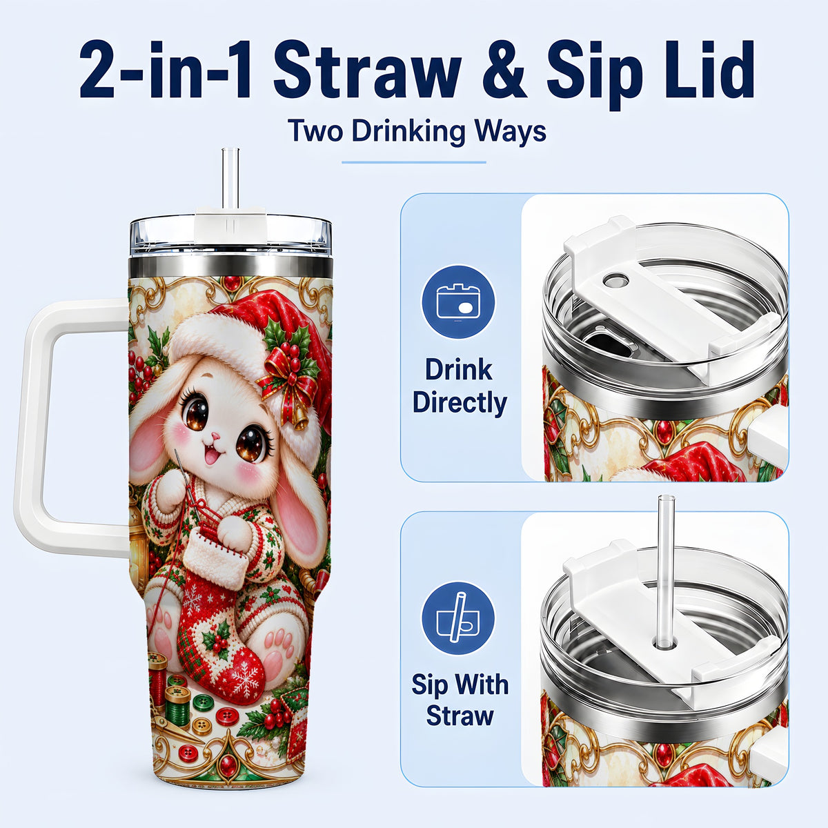 #pl[40oz|White] Christmas Bunny 40oz Tumbler with Handle, Holiday Rabbit Drinkware