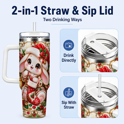 #pl[40oz|White] Christmas Bunny 40oz Tumbler with Handle, Holiday Rabbit Drinkware