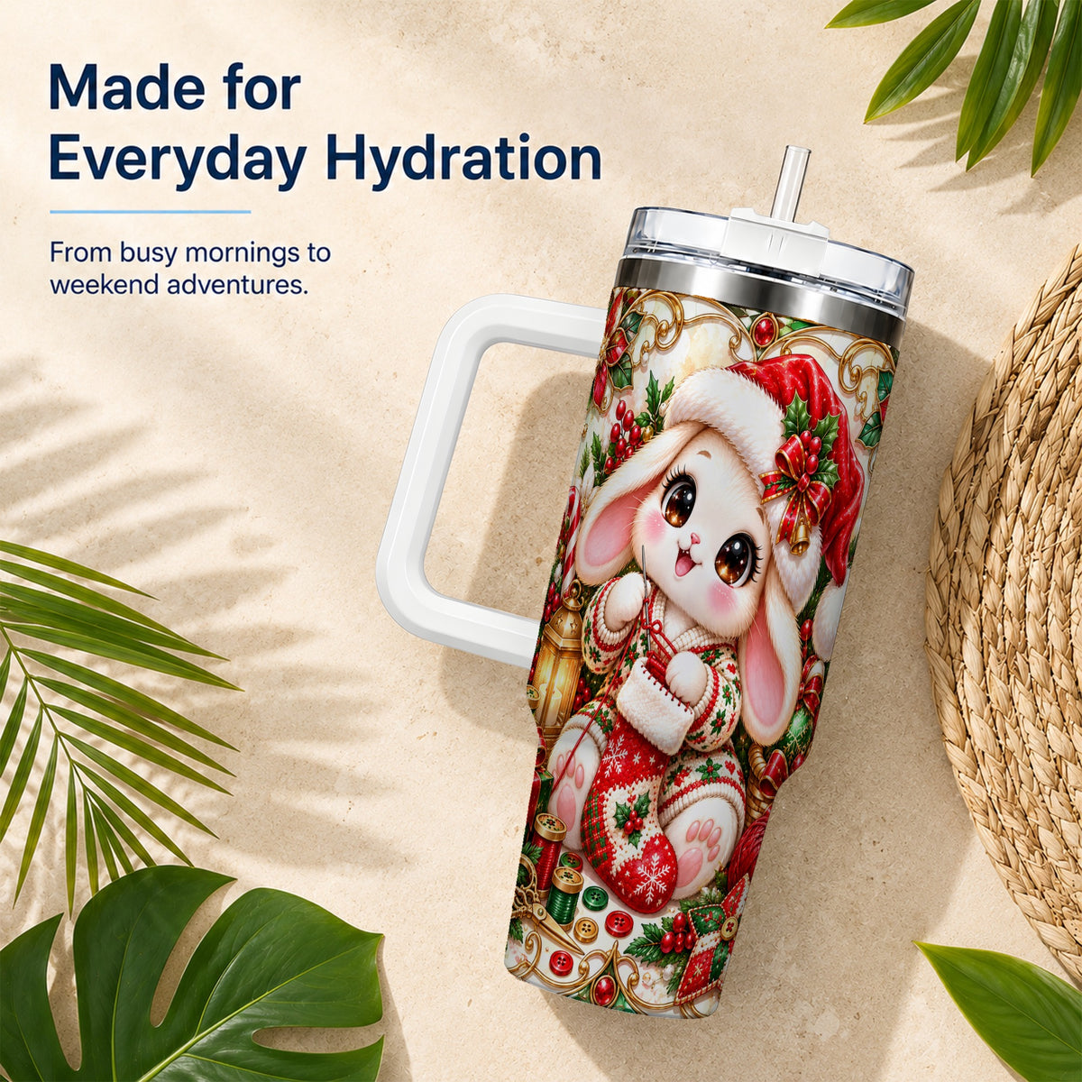 Christmas Bunny 40oz Tumbler with Handle, Holiday Rabbit Drinkware