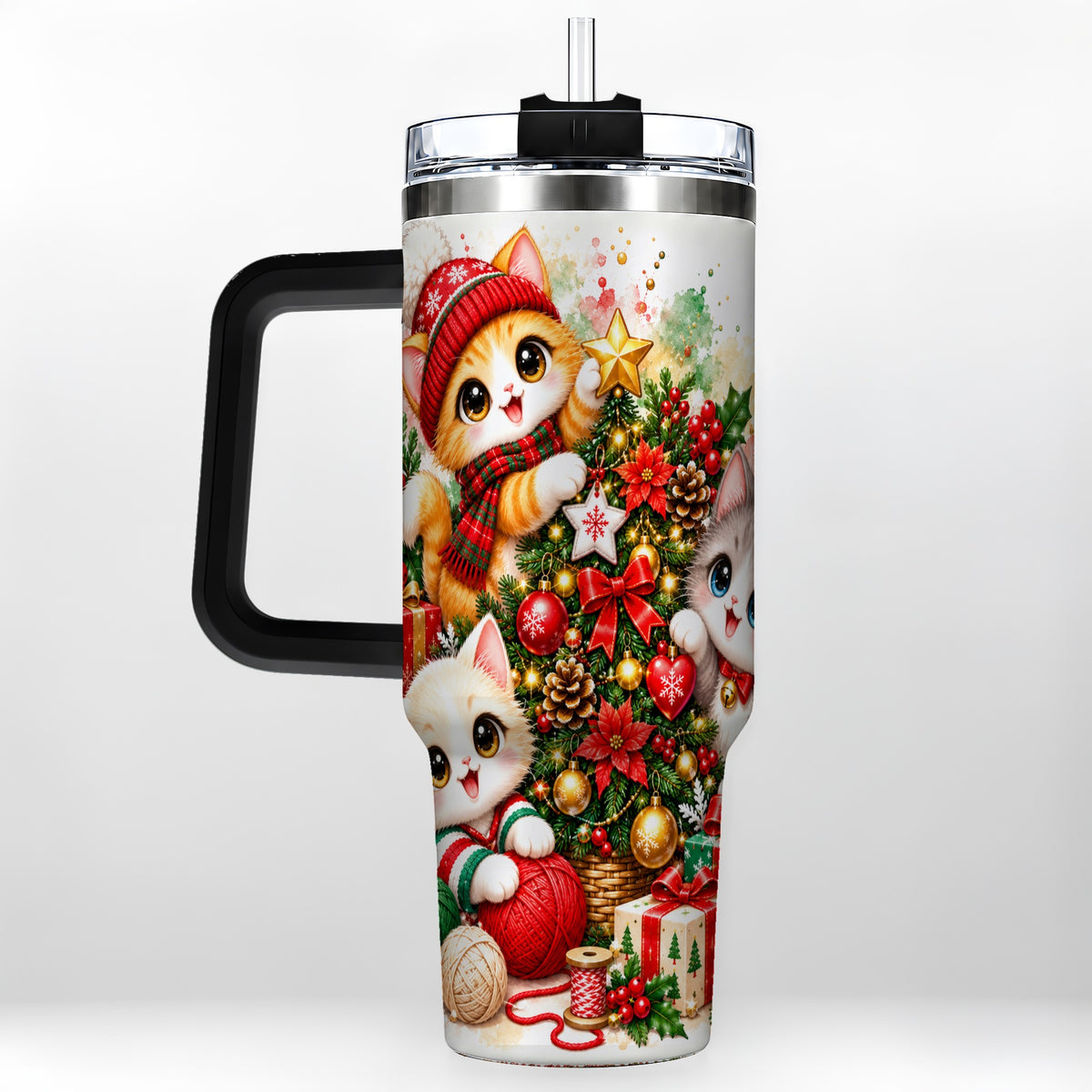 #pl[40oz|Black] Christmas Kittens 40oz Tumbler with Handle, Festive Cat Trio Drinkware