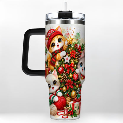 #pl[40oz|Black] Christmas Kittens 40oz Tumbler with Handle, Festive Cat Trio Drinkware