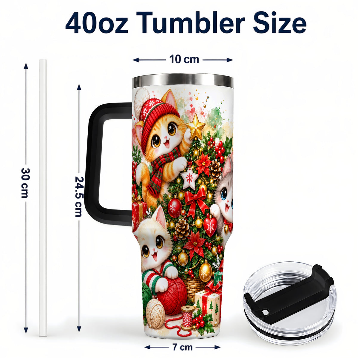 #pl[40oz|Black] Christmas Kittens 40oz Tumbler with Handle, Festive Cat Trio Drinkware