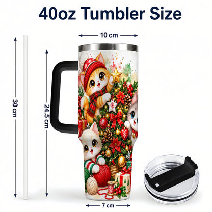 #pl[40oz|Black] Christmas Kittens 40oz Tumbler with Handle, Festive Cat Trio Drinkware