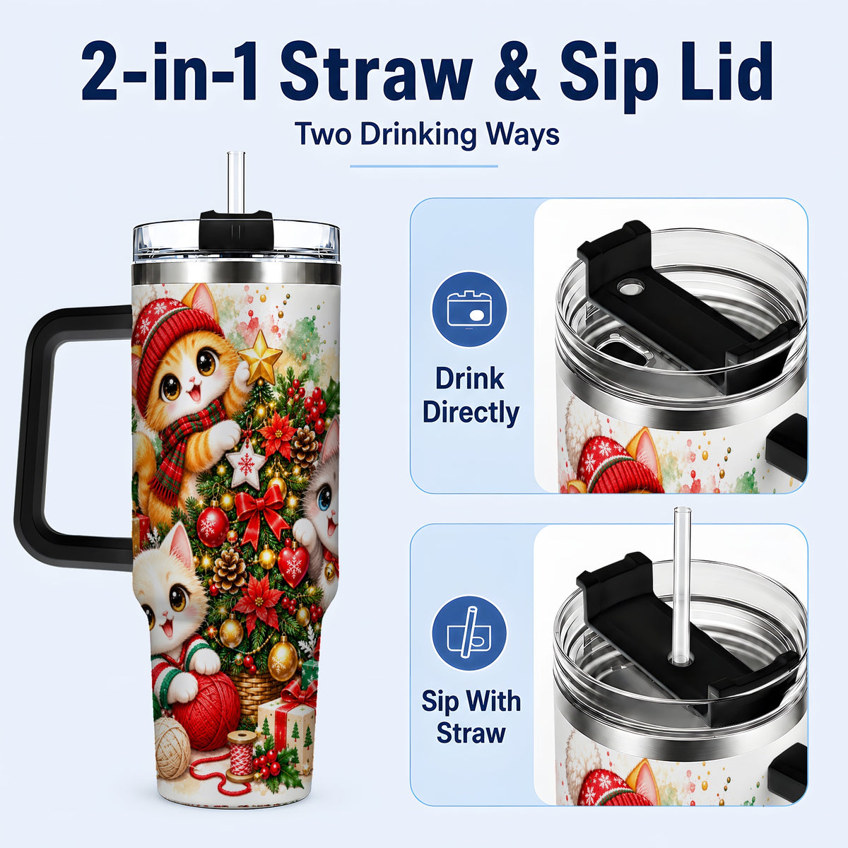 #pl[40oz|Black] Christmas Kittens 40oz Tumbler with Handle, Festive Cat Trio Drinkware