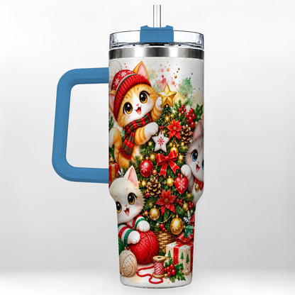 #pl[40oz|Blue] Christmas Kittens 40oz Tumbler with Handle, Festive Cat Trio Drinkware