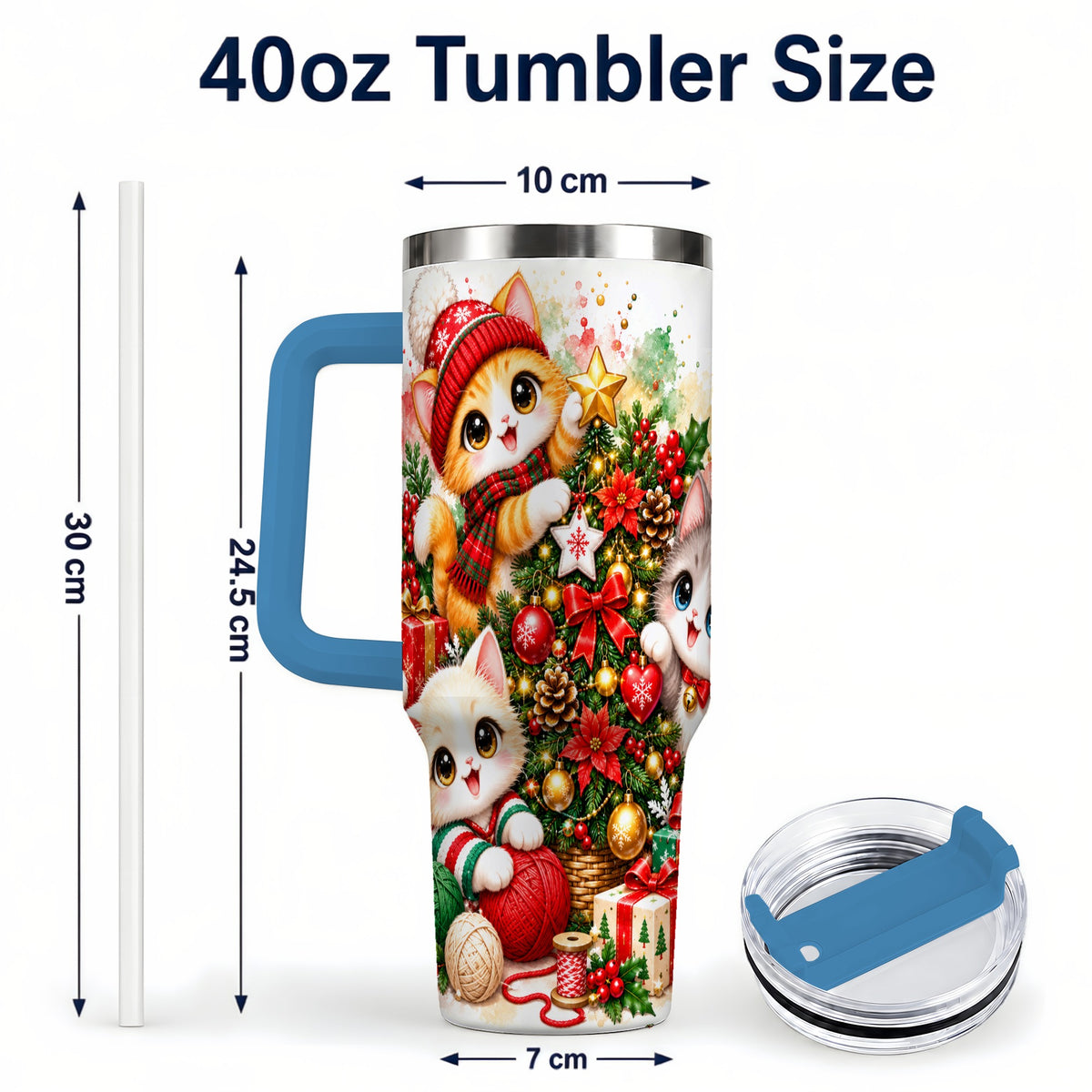#pl[40oz|Blue] Christmas Kittens 40oz Tumbler with Handle, Festive Cat Trio Drinkware
