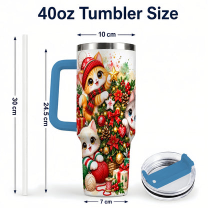 #pl[40oz|Blue] Christmas Kittens 40oz Tumbler with Handle, Festive Cat Trio Drinkware