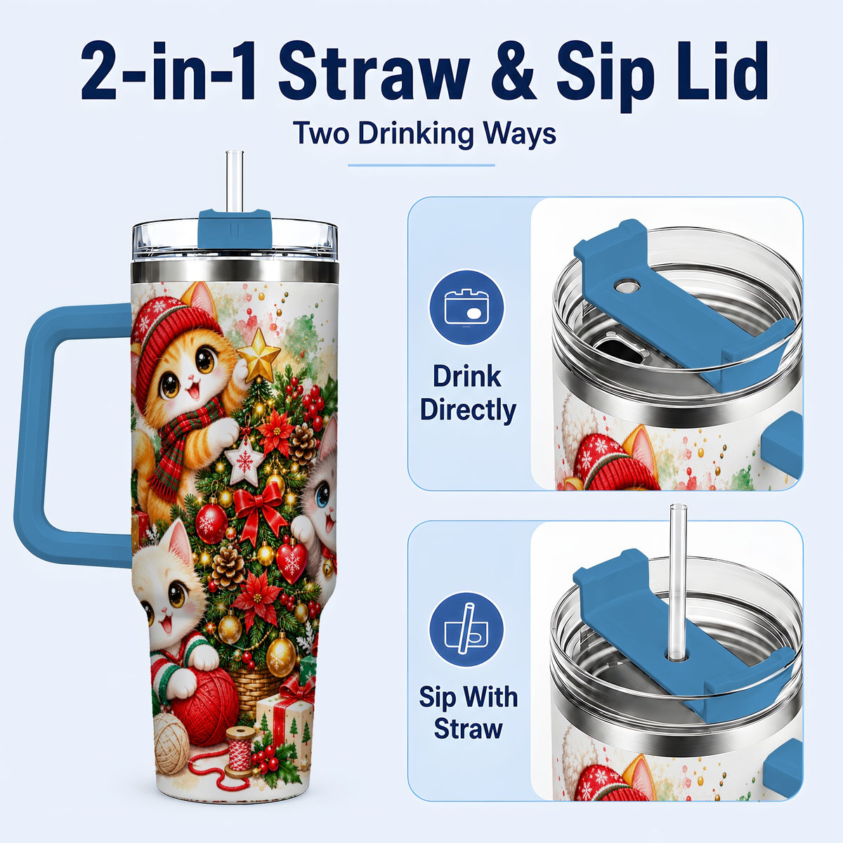 #pl[40oz|Blue] Christmas Kittens 40oz Tumbler with Handle, Festive Cat Trio Drinkware