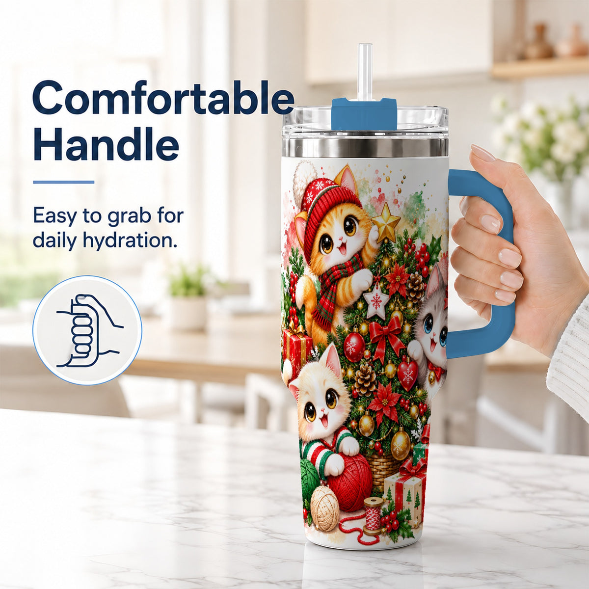 #pl[40oz|Blue] Christmas Kittens 40oz Tumbler with Handle, Festive Cat Trio Drinkware