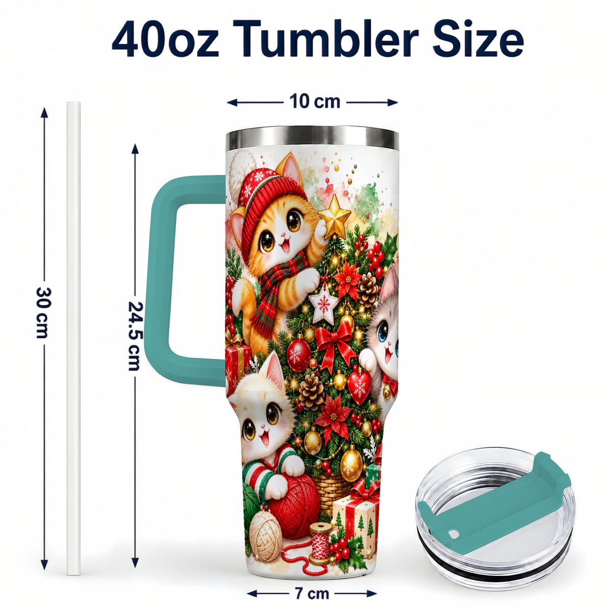 #pl[40oz|Green] Christmas Kittens 40oz Tumbler with Handle, Festive Cat Trio Drinkware