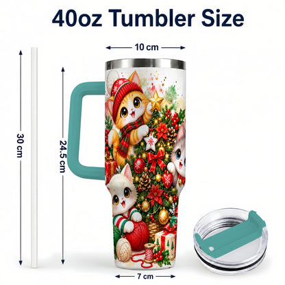 #pl[40oz|Green] Christmas Kittens 40oz Tumbler with Handle, Festive Cat Trio Drinkware
