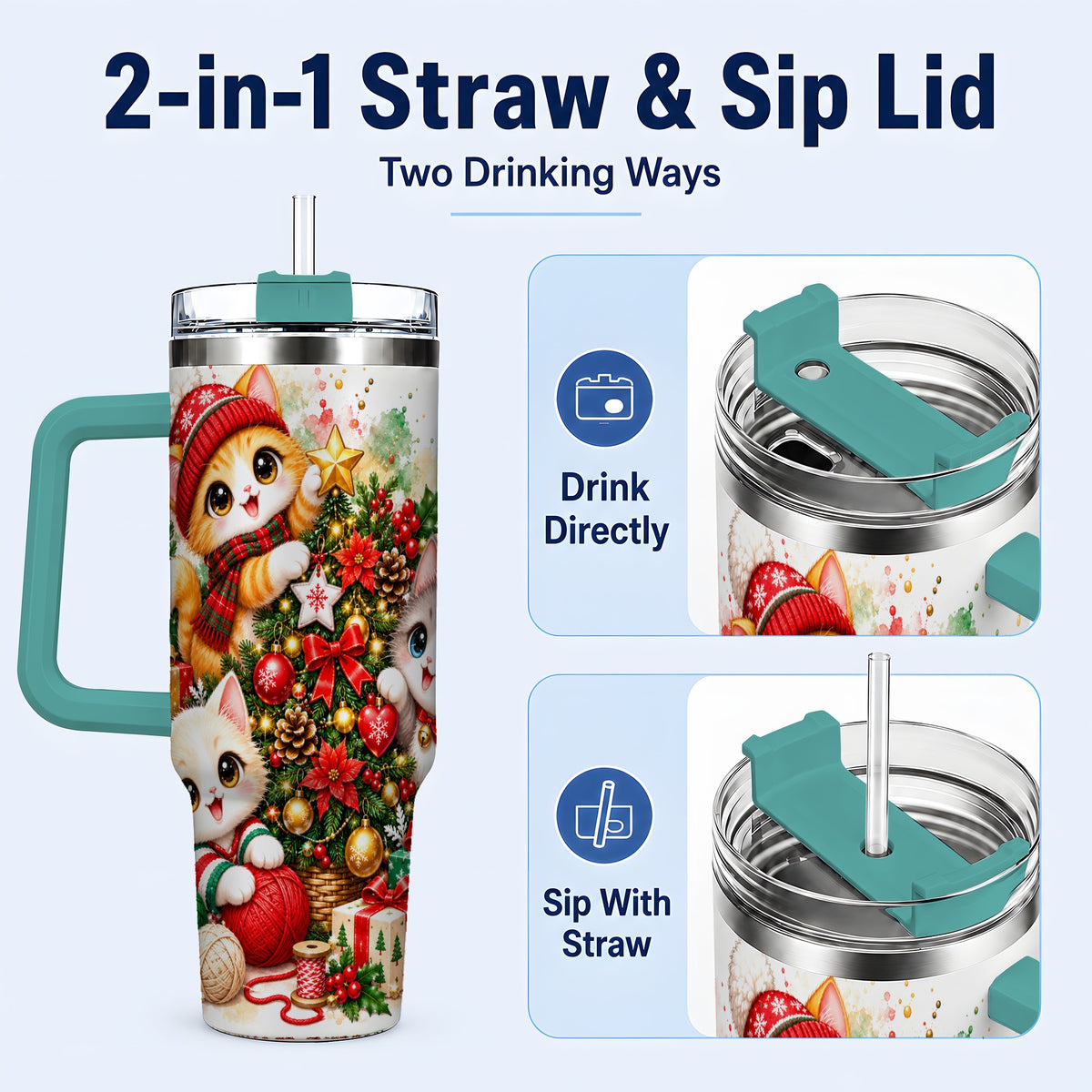 #pl[40oz|Green] Christmas Kittens 40oz Tumbler with Handle, Festive Cat Trio Drinkware