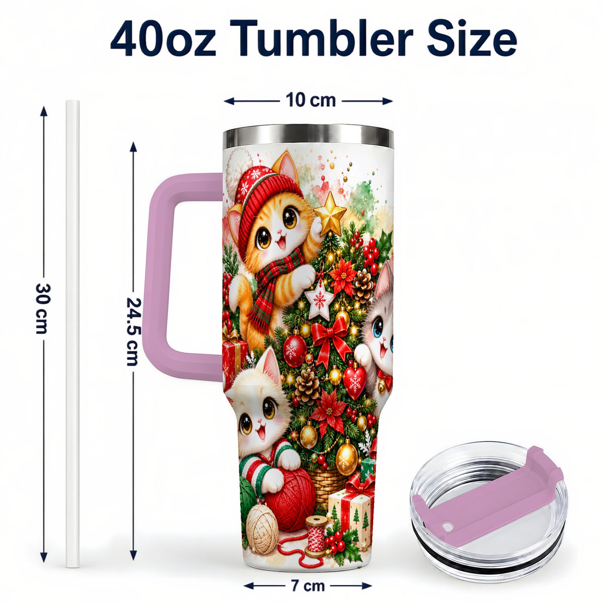 #pl[40oz|Pink] Christmas Kittens 40oz Tumbler with Handle, Festive Cat Trio Drinkware