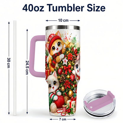 #pl[40oz|Pink] Christmas Kittens 40oz Tumbler with Handle, Festive Cat Trio Drinkware