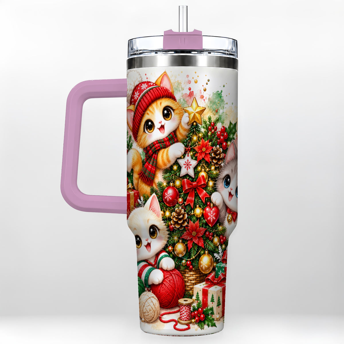 #pl[40oz|Pink] Christmas Kittens 40oz Tumbler with Handle, Festive Cat Trio Drinkware