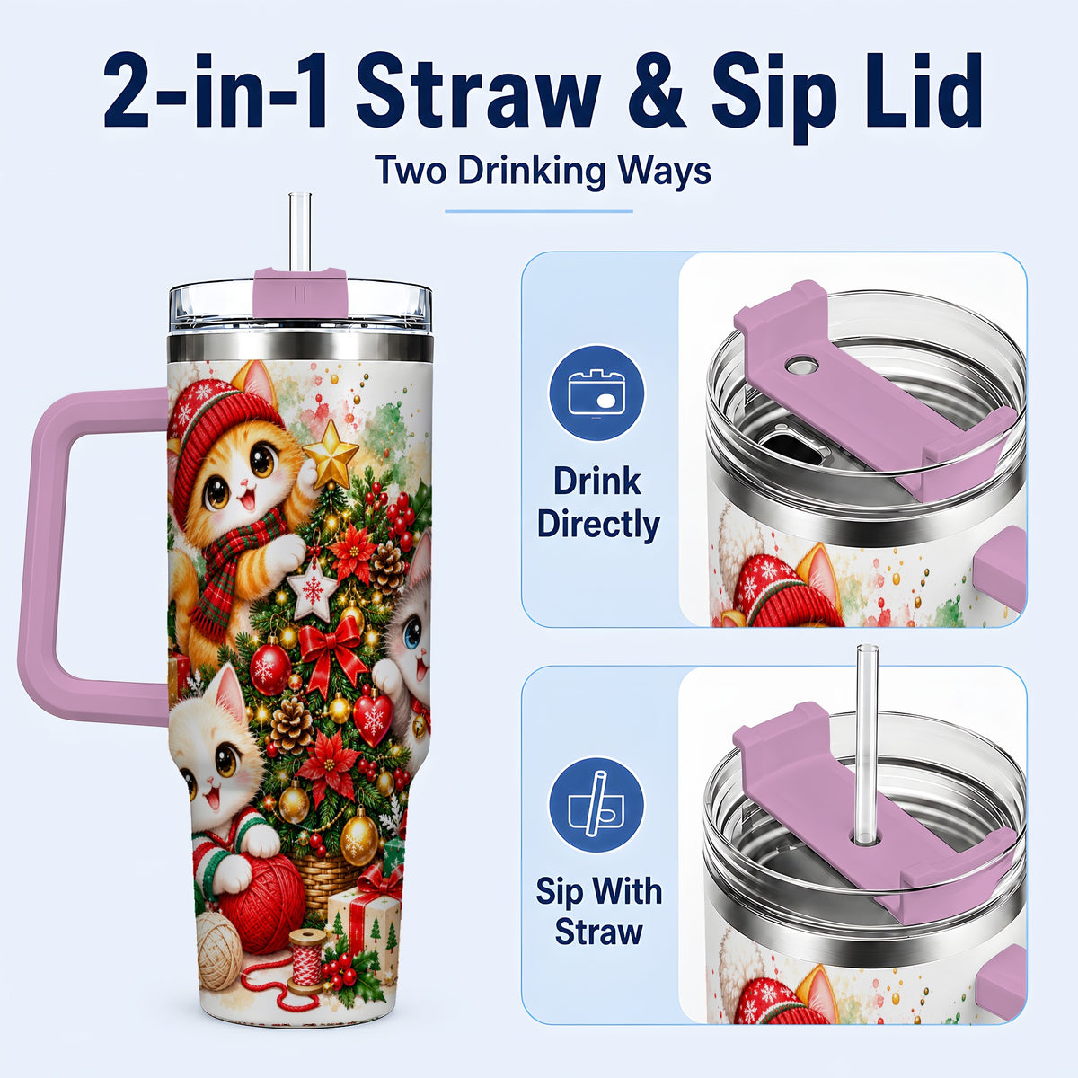 #pl[40oz|Pink] Christmas Kittens 40oz Tumbler with Handle, Festive Cat Trio Drinkware