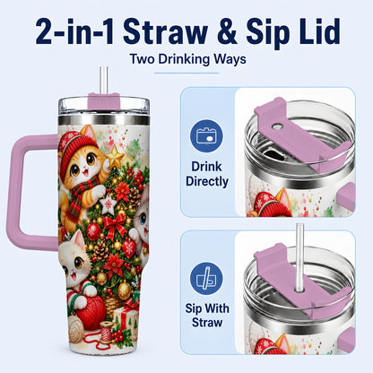 #pl[40oz|Pink] Christmas Kittens 40oz Tumbler with Handle, Festive Cat Trio Drinkware