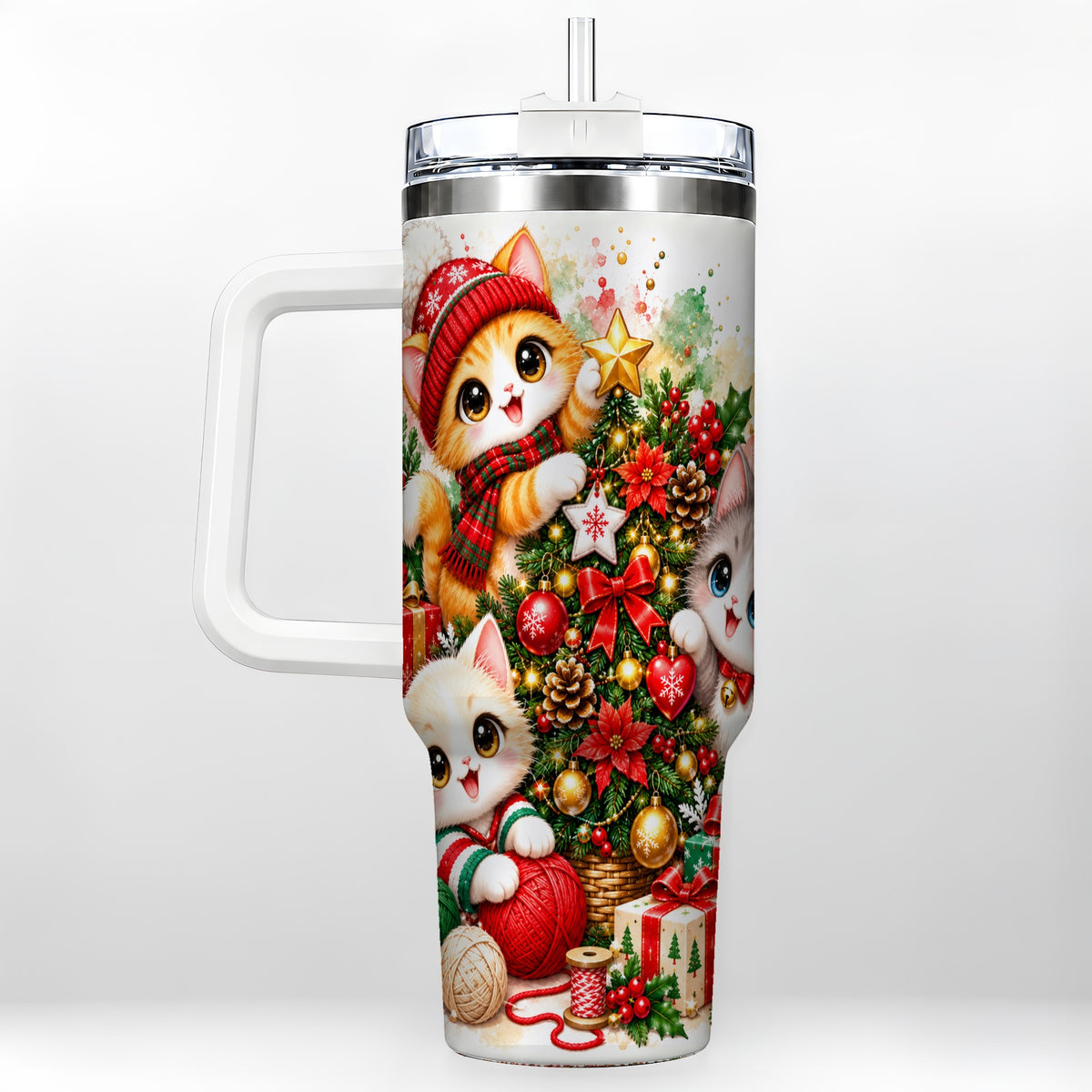 Christmas Kittens 40oz Tumbler with Handle, Festive Cat Trio Drinkware