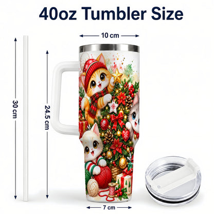 #pl[40oz|White] Christmas Kittens 40oz Tumbler with Handle, Festive Cat Trio Drinkware