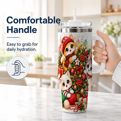 #pl[40oz|White] Christmas Kittens 40oz Tumbler with Handle, Festive Cat Trio Drinkware