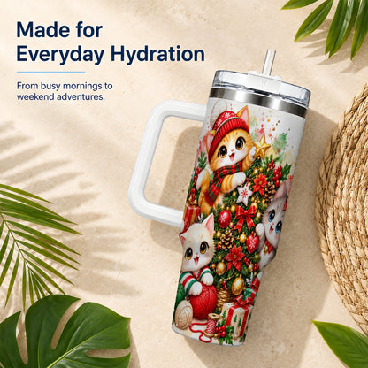 Christmas Kittens 40oz Tumbler with Handle, Festive Cat Trio Drinkware