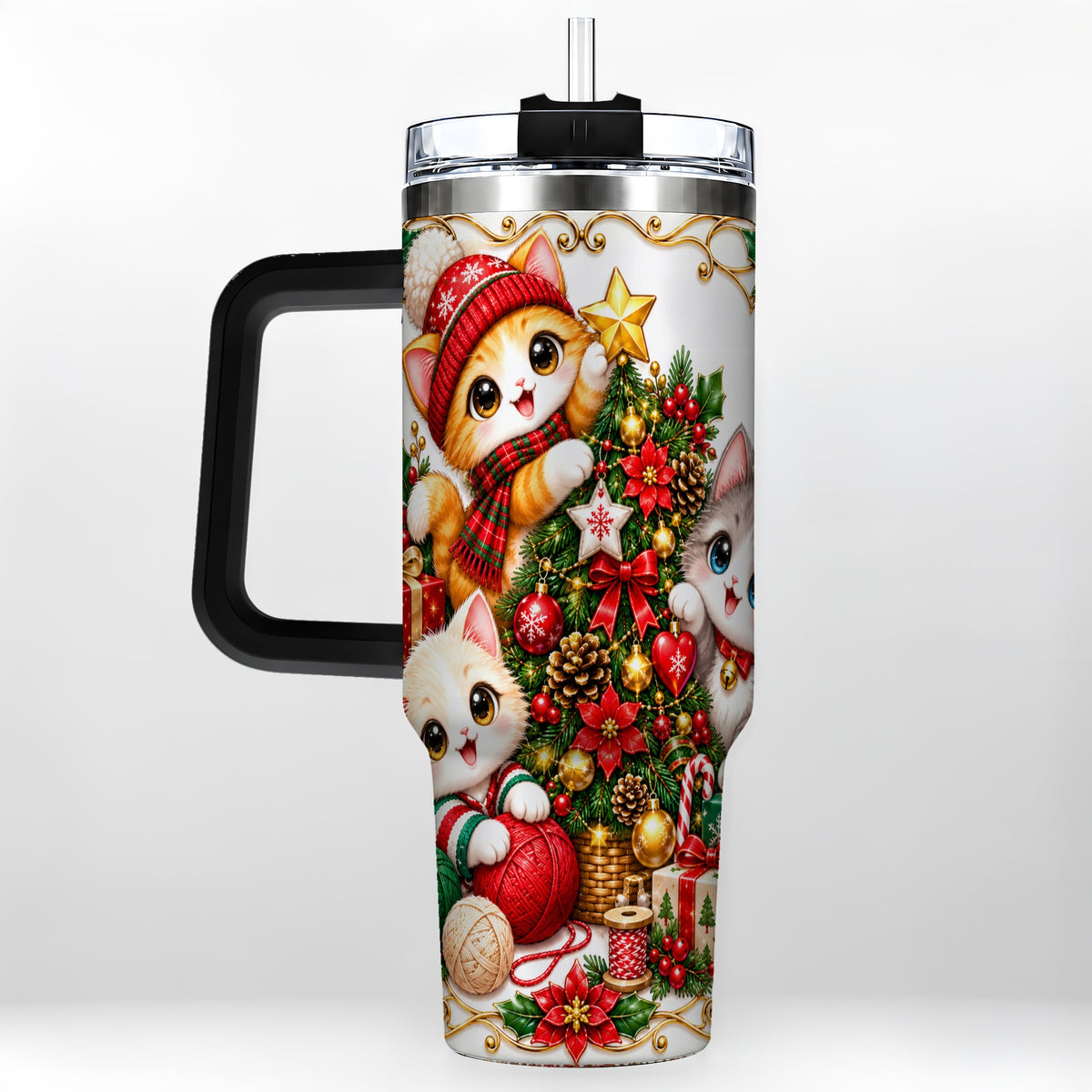 #pl[40oz|Black] Christmas Kittens 40oz Tumbler with Handle, Ornate Holiday Cat Design