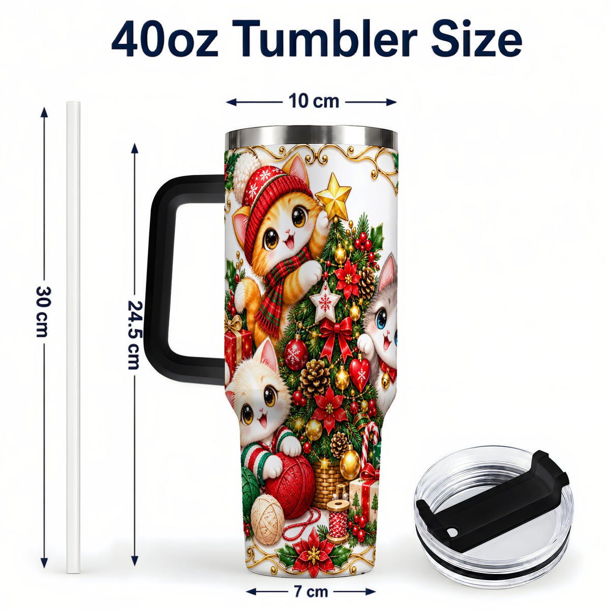 #pl[40oz|Black] Christmas Kittens 40oz Tumbler with Handle, Ornate Holiday Cat Design