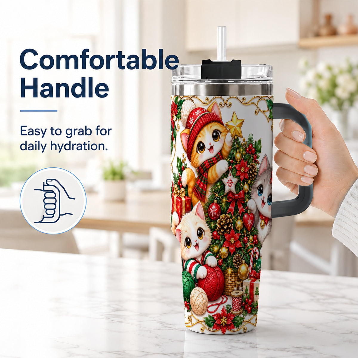 #pl[40oz|Black] Christmas Kittens 40oz Tumbler with Handle, Ornate Holiday Cat Design