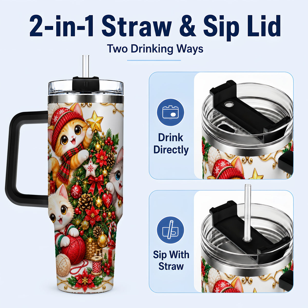 #pl[40oz|Black] Christmas Kittens 40oz Tumbler with Handle, Ornate Holiday Cat Design