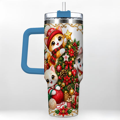 #pl[40oz|Blue] Christmas Kittens 40oz Tumbler with Handle, Ornate Holiday Cat Design
