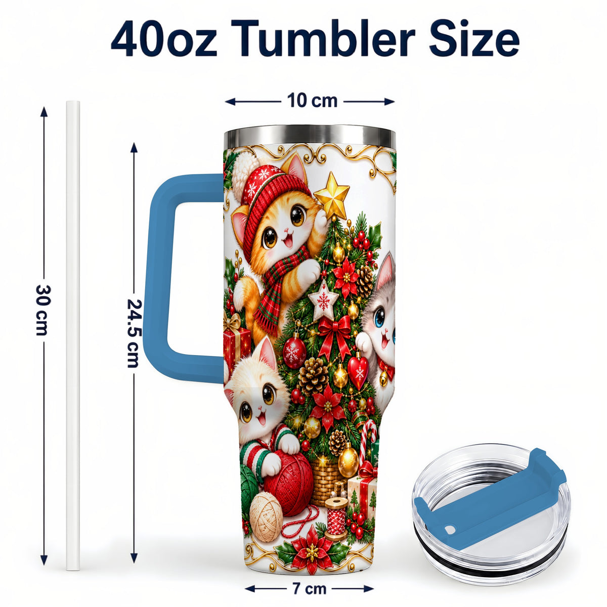 #pl[40oz|Blue] Christmas Kittens 40oz Tumbler with Handle, Ornate Holiday Cat Design