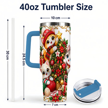 #pl[40oz|Blue] Christmas Kittens 40oz Tumbler with Handle, Ornate Holiday Cat Design