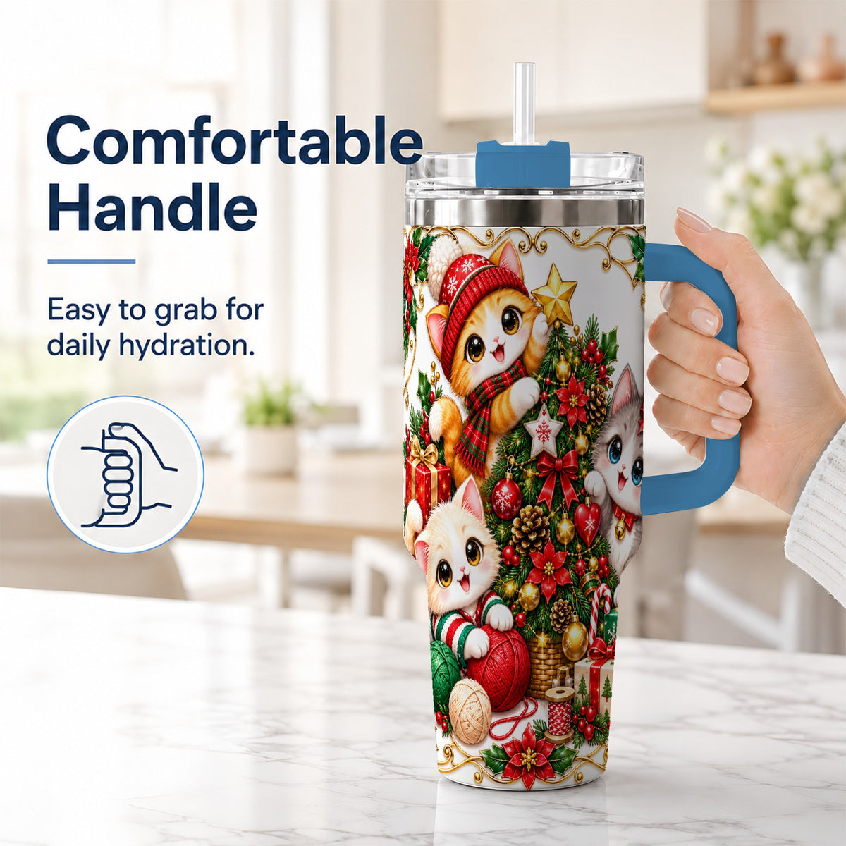 #pl[40oz|Blue] Christmas Kittens 40oz Tumbler with Handle, Ornate Holiday Cat Design