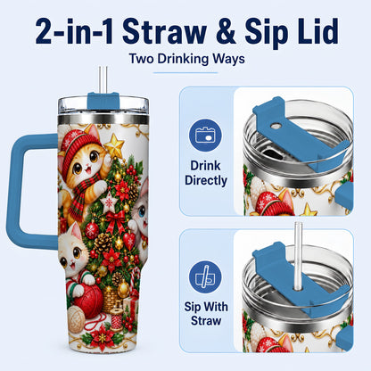 #pl[40oz|Blue] Christmas Kittens 40oz Tumbler with Handle, Ornate Holiday Cat Design