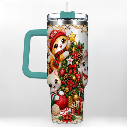 #pl[40oz|Green] Christmas Kittens 40oz Tumbler with Handle, Ornate Holiday Cat Design