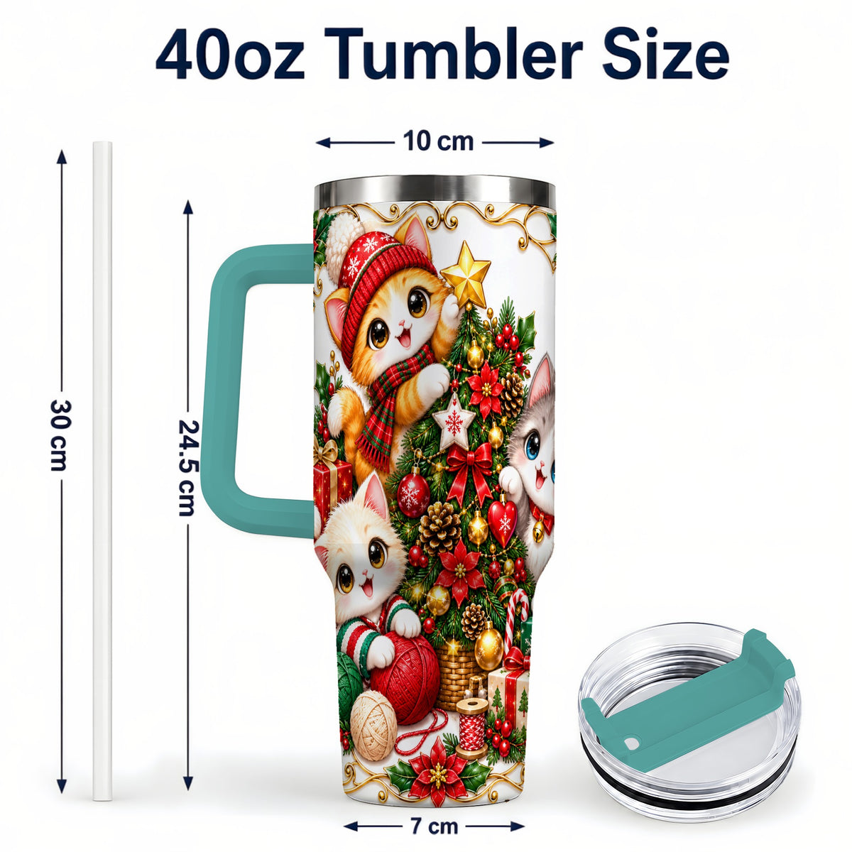 #pl[40oz|Green] Christmas Kittens 40oz Tumbler with Handle, Ornate Holiday Cat Design