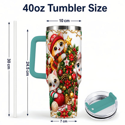 #pl[40oz|Green] Christmas Kittens 40oz Tumbler with Handle, Ornate Holiday Cat Design