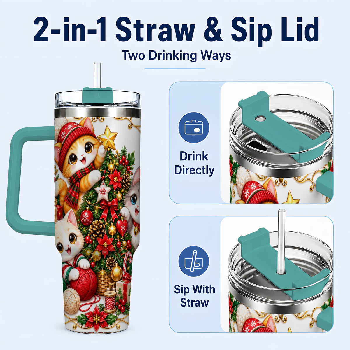 #pl[40oz|Green] Christmas Kittens 40oz Tumbler with Handle, Ornate Holiday Cat Design