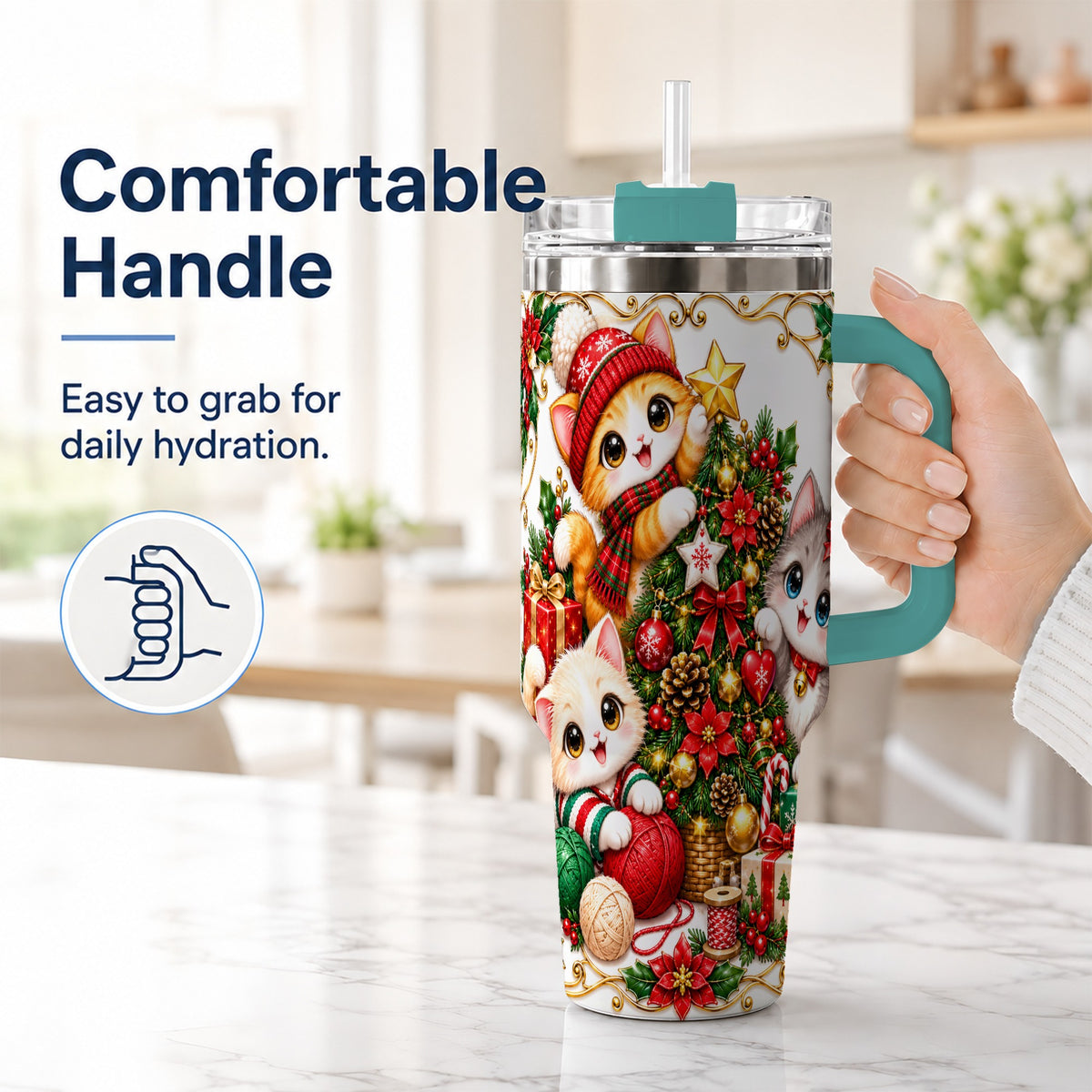 #pl[40oz|Green] Christmas Kittens 40oz Tumbler with Handle, Ornate Holiday Cat Design