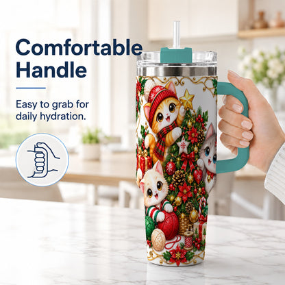#pl[40oz|Green] Christmas Kittens 40oz Tumbler with Handle, Ornate Holiday Cat Design
