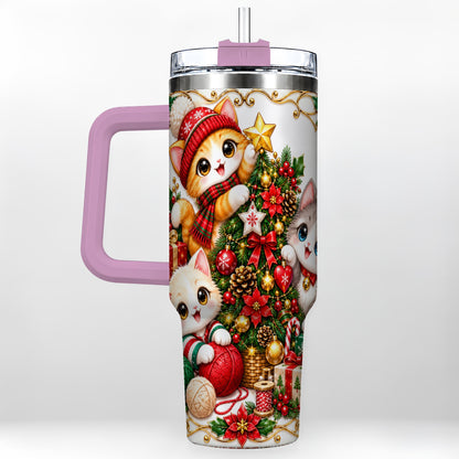 #pl[40oz|Pink] Christmas Kittens 40oz Tumbler with Handle, Ornate Holiday Cat Design