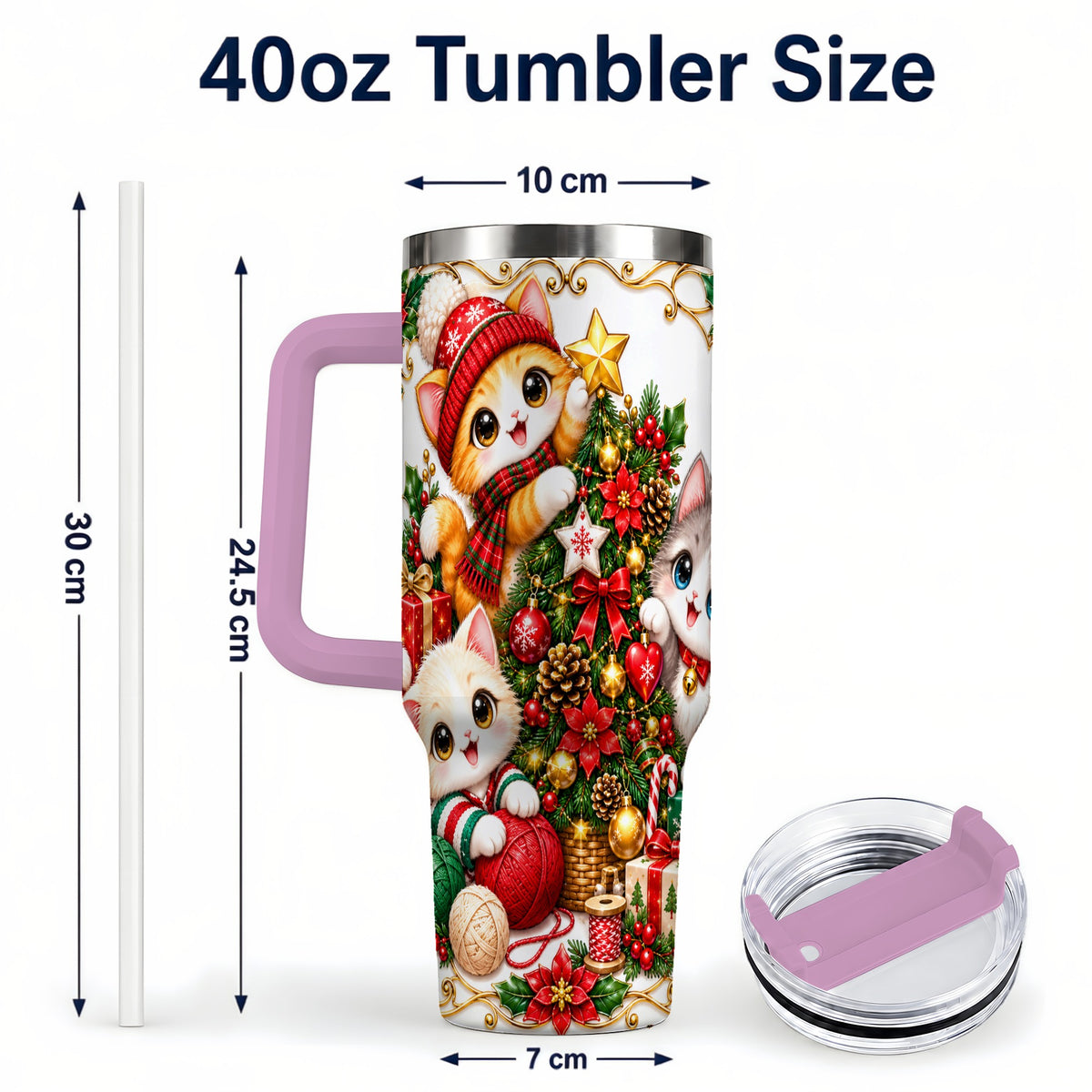 #pl[40oz|Pink] Christmas Kittens 40oz Tumbler with Handle, Ornate Holiday Cat Design
