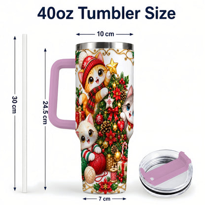 #pl[40oz|Pink] Christmas Kittens 40oz Tumbler with Handle, Ornate Holiday Cat Design