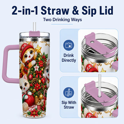 #pl[40oz|Pink] Christmas Kittens 40oz Tumbler with Handle, Ornate Holiday Cat Design