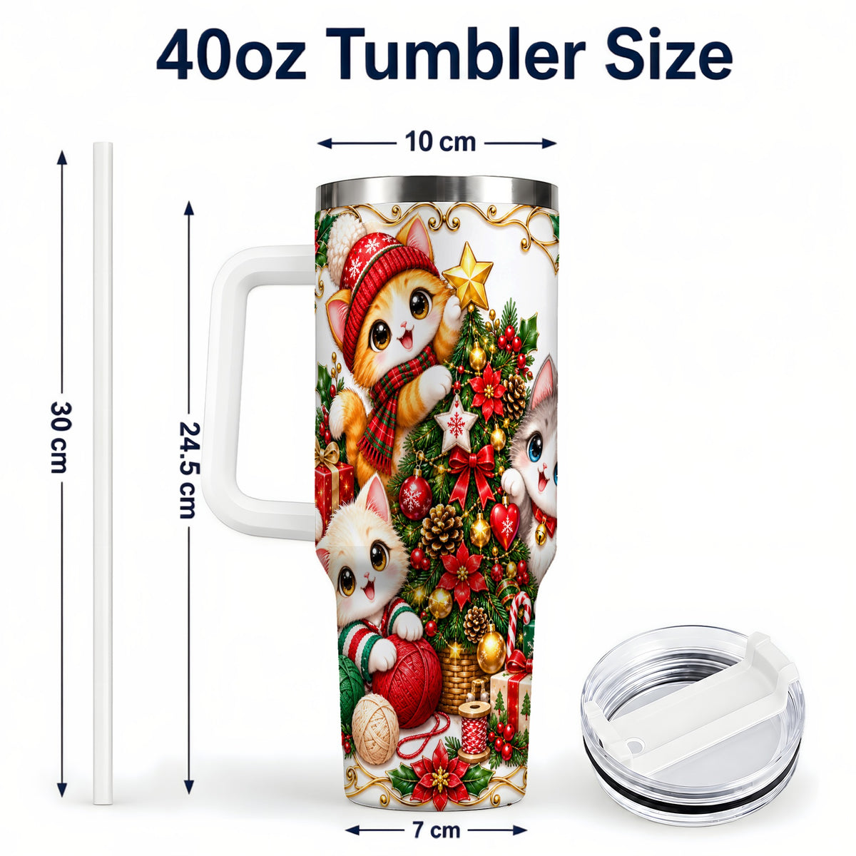 #pl[40oz|White] Christmas Kittens 40oz Tumbler with Handle, Ornate Holiday Cat Design