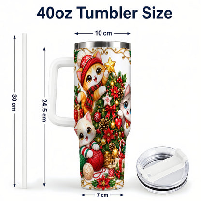 #pl[40oz|White] Christmas Kittens 40oz Tumbler with Handle, Ornate Holiday Cat Design