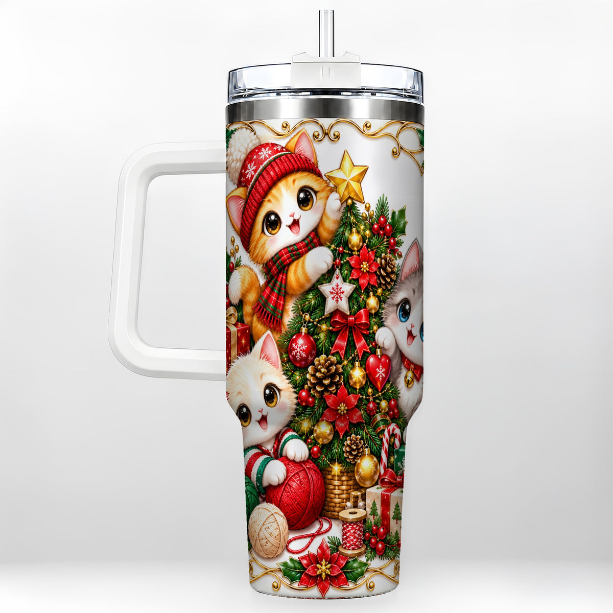 Christmas Kittens 40oz Tumbler with Handle, Ornate Holiday Cat Design