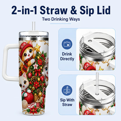 #pl[40oz|White] Christmas Kittens 40oz Tumbler with Handle, Ornate Holiday Cat Design